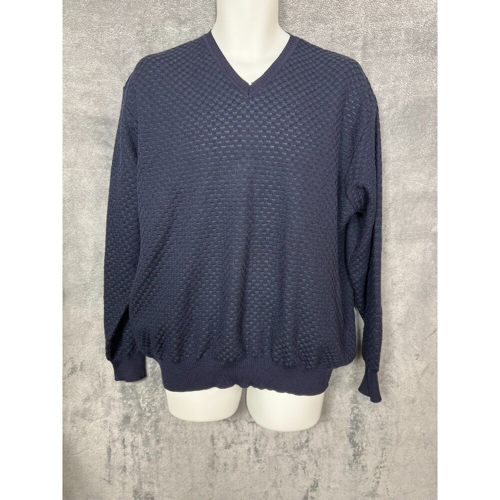 Segreto Sweater Size XL V Neck 100% Pure New Wool Fine Merino Textured Navy